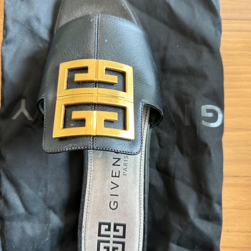 Givenchy Black Leather Slide Sandals with Gold Logo Plaque - Picture 2 of 6